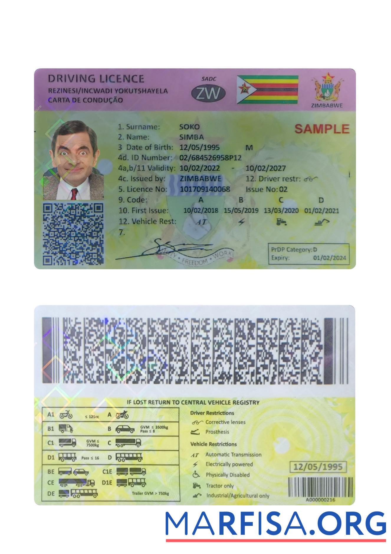 Downloadable Zimbabwe driving license sample